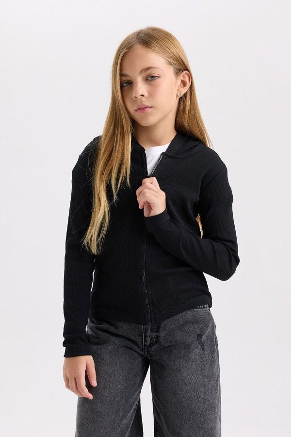 DEFACTO DEFACTO Girl's Hooded Ribbed Zippered Black Camisole Cardigan