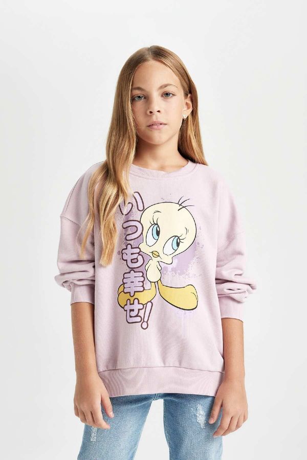 DEFACTO DEFACTO Girl's Lilac Looney Tunes Printed Oversize Fit Wide Pattern Crew Neck Sweatshirt