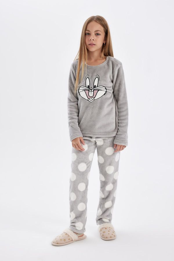 DEFACTO DEFACTO Girls Pajama Set Looney Tunes Regular Fit Plush Long Sleeve Top Long Bottom