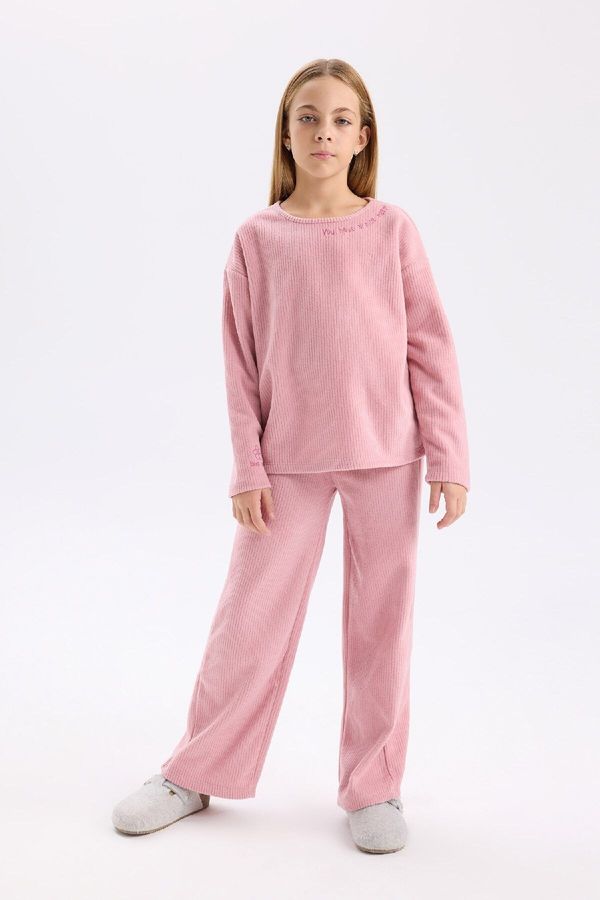 DEFACTO DEFACTO Girls Pajama Set Plush Long Sleeve Top Elastic Waist Wide Leg Bottom