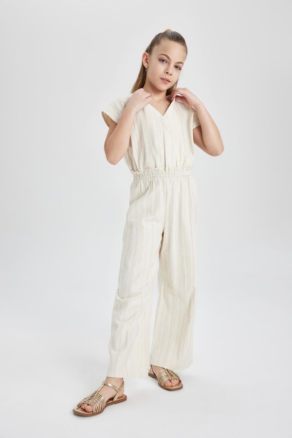 DEFACTO DEFACTO Girl's V-Neck Short Sleeve Cotton Long Jumpsuit