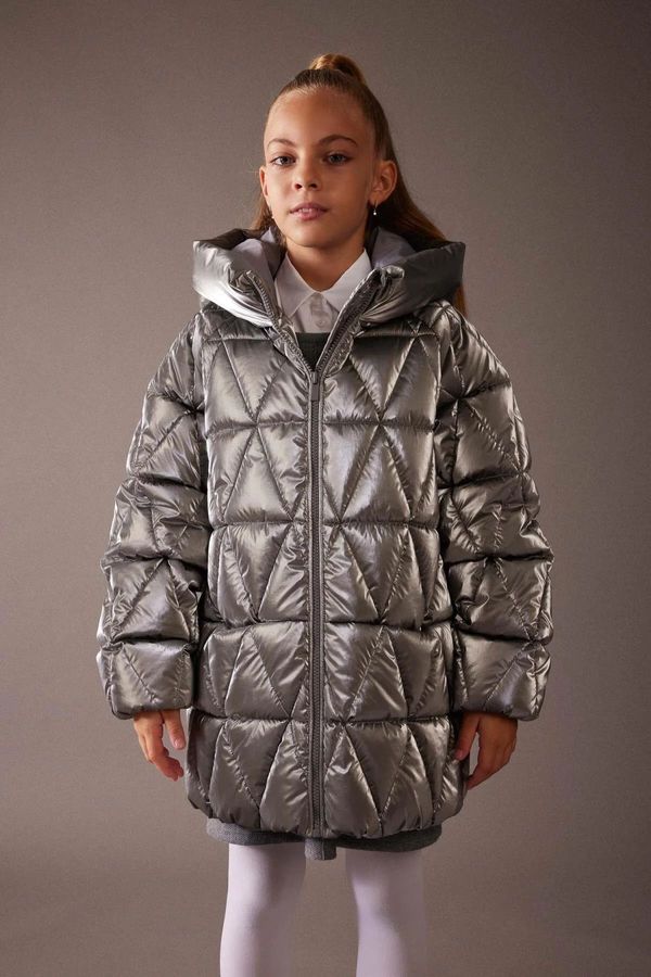 DEFACTO DEFACTO Girls' Water Repellent Hooded Fleece Lined Shiny Coat