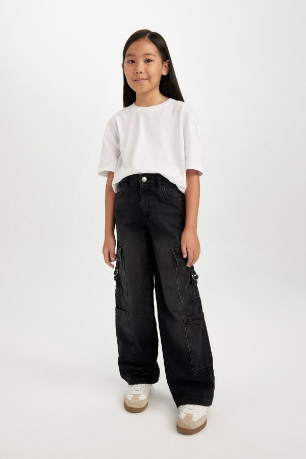 DEFACTO DEFACTO Girl's Wide Leg Cargo Pocket Wide Leg Anthracite Jeans