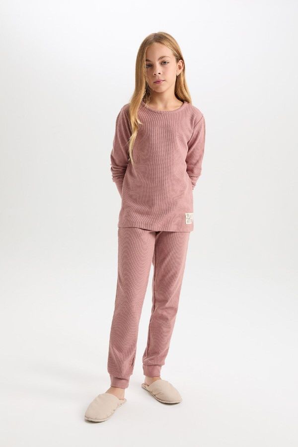 DEFACTO DEFACTO Girl's Woven Label Long Sleeve Top Elastic Waist Long Bottom Waffle Pajama Set