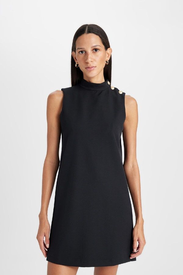 DEFACTO DEFACTO Half Turtleneck Basic Plain Button Detail Sleeveless Mini Black Dress