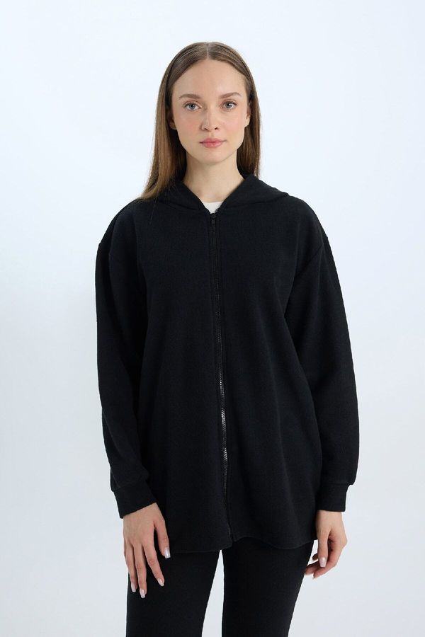 DEFACTO DEFACTO Hooded Basic Plain Zippered Pocket Thessaloniki Fabric Long Knitwear Cardigan