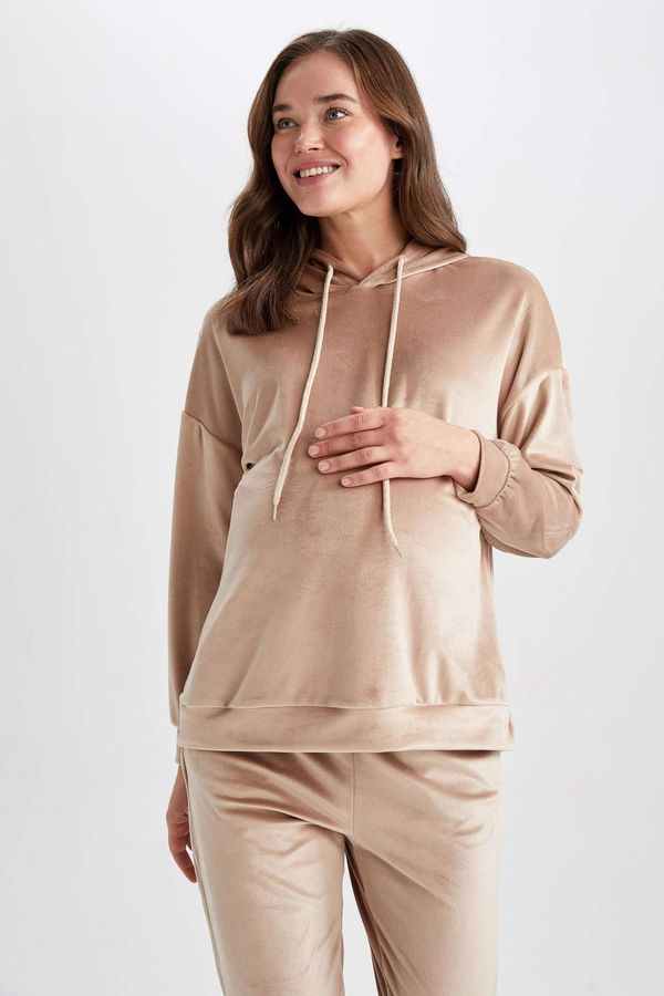 DEFACTO DEFACTO Hooded Velvet Maternity Sweatshirt with Flounce Sleeves