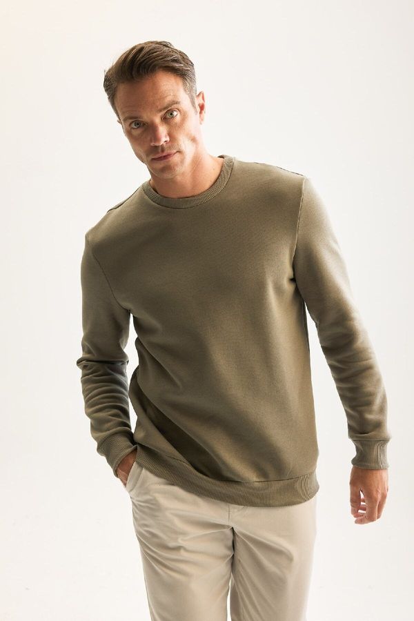 DEFACTO DEFACTO Khaki 3 Thread Cotton Raised Polar Fleece Regular Fit Crew Neck Thick Sweatshirt