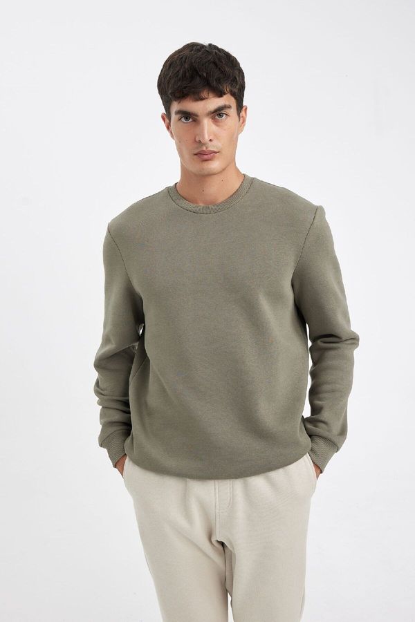 DEFACTO DEFACTO Khaki3 Thread Cotton Raised Polar Fleece Regular Fit Crew Neck Thick Sweatshirt