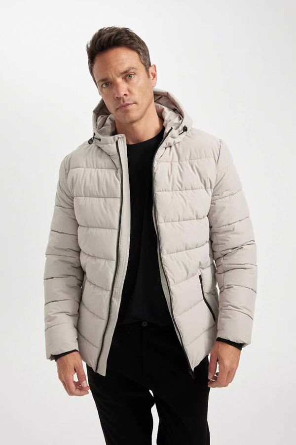 DEFACTO DEFACTO Men's Beige Water Repellent Slim Fit Slim Cut Hooded Zippered Pocket Lined Puffer Jacket