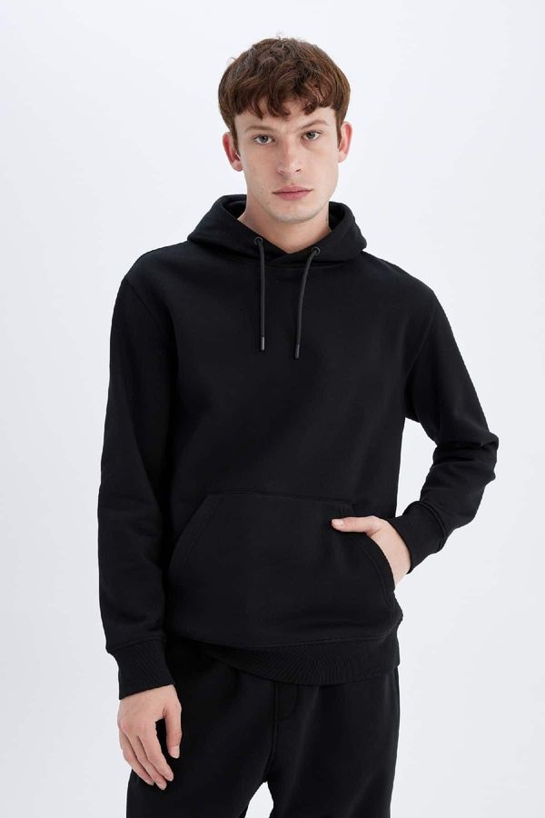 DEFACTO DEFACTO Men's Black Pocket Regular Fit Hooded Basic Sweatshirt