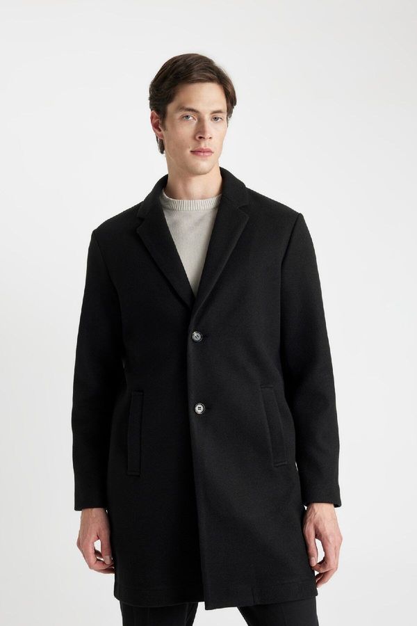 DEFACTO DEFACTO Men's Black Relax Fit Jacket Collar Buttoned Pocket Long Cashmere Coat