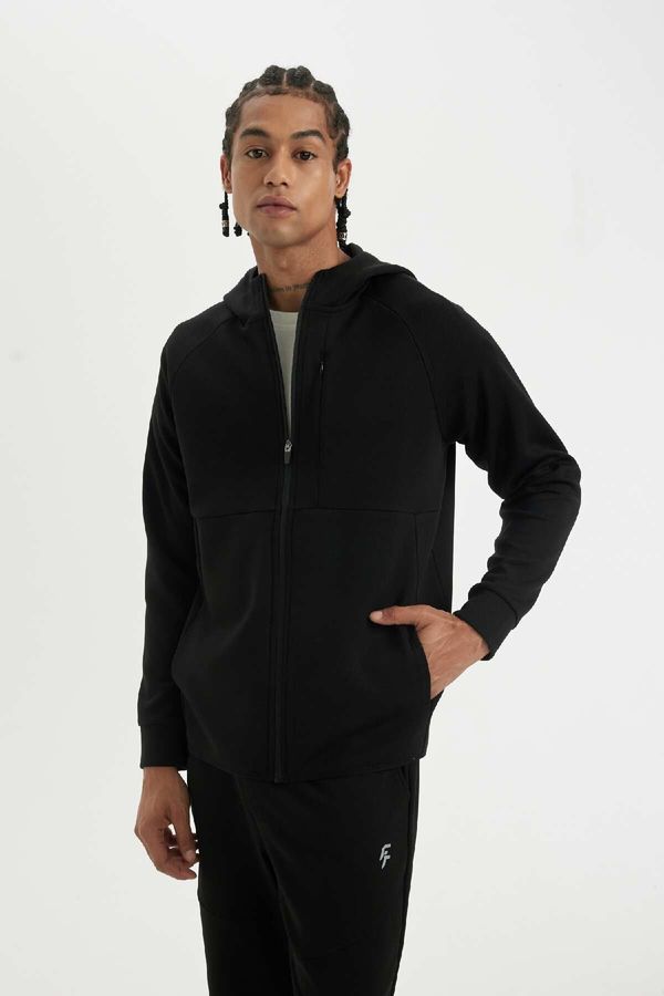 DEFACTO DEFACTO Men's Black Slim Fit Zippered Scuba Diving Fabric Hooded Cardigan