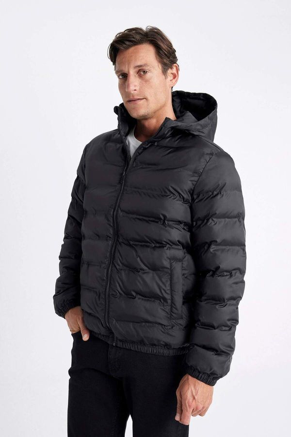 DEFACTO DEFACTO Men's Black Water Repellent Slim Fit Slim Cut Hooded Zippered Pocket Puffer Jacket