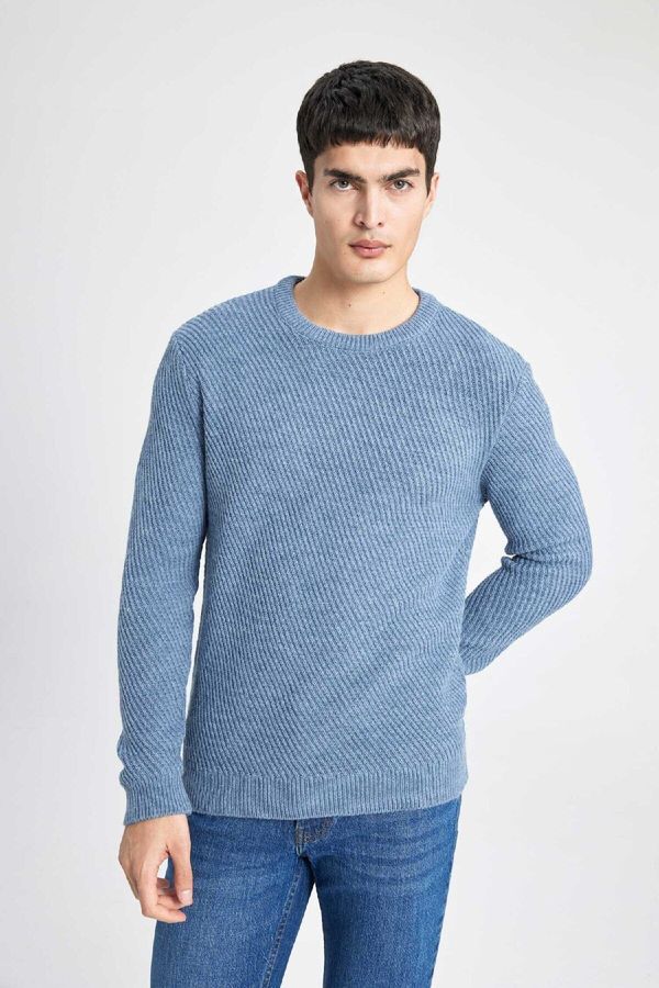 DEFACTO DEFACTO Men's Blue Standard Fit Regular Cut Crew Neck Striped Knitwear Sweater