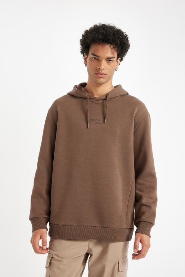 DEFACTO DEFACTO Men's Brown Regular Fit Hooded Printed Sweatshirt