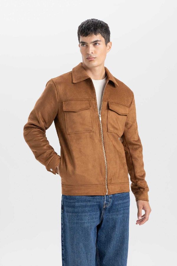 DEFACTO DEFACTO Men's Brown Slim Fit Slim Fit Shirt Collar Pocket Lined Suede Coat Jacket