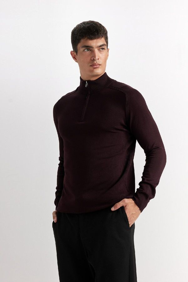 DEFACTO DEFACTO Men's Claret Red Standard Fit Half Neck Half Zipper Knitwear Sweater