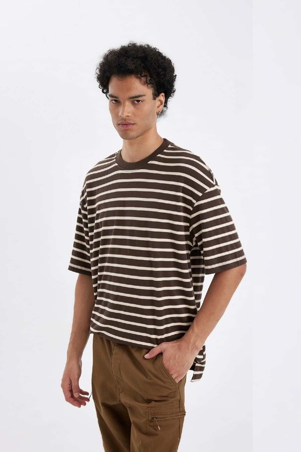 DEFACTO DEFACTO Men's Coffee Relaxed Cut Crew Neck Ecru Striped Heavy Fabric Short Sleeve T-Shirt