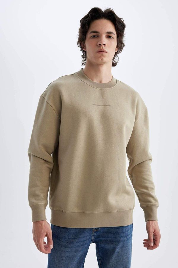 DEFACTO DEFACTO Men's Dark Sand Boxy Fit Crew Neck Printed Sweatshirt