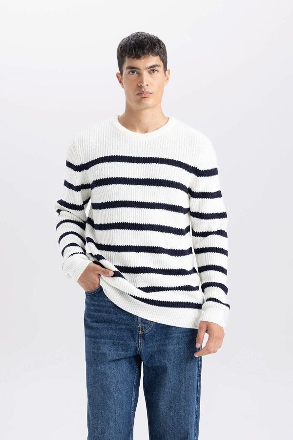 DEFACTO DEFACTO Men's Ecru Standard Fit Regular Cut Crew Neck Striped Sweater