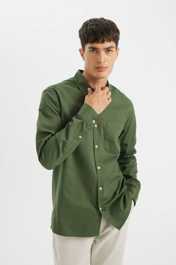 DEFACTO DEFACTO Men's Green Regular Fit Regular Cut Gabardine Cotton Long Sleeve Shirt