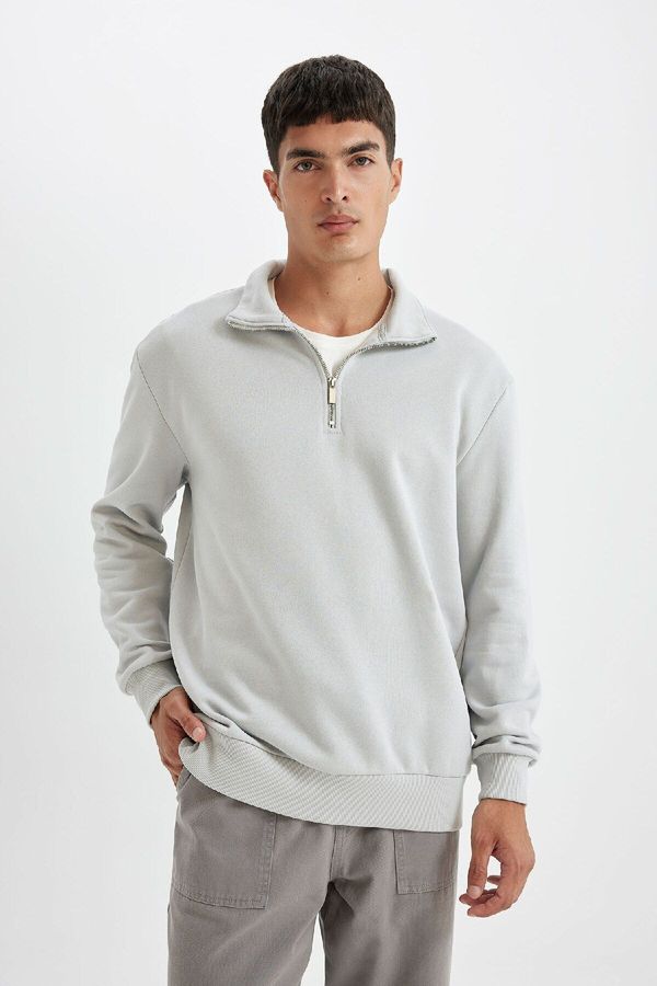 DEFACTO DEFACTO Men's Light Gray Comfort Fit Stand Collar Zippered Thick Basic Plain Sweatshirt