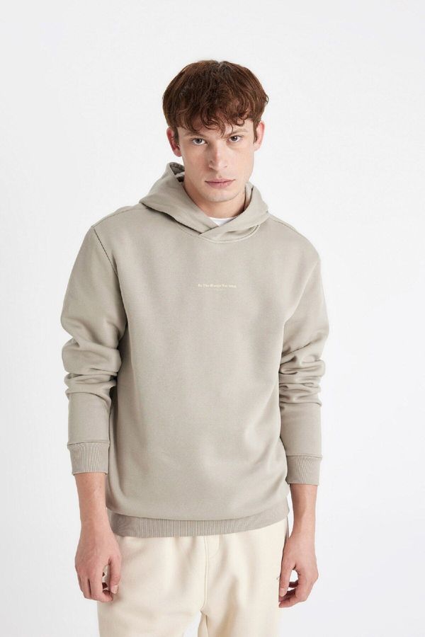 DEFACTO DEFACTO Men's Light Khaki Regular Fit Hooded Text Printed Sweatshirt