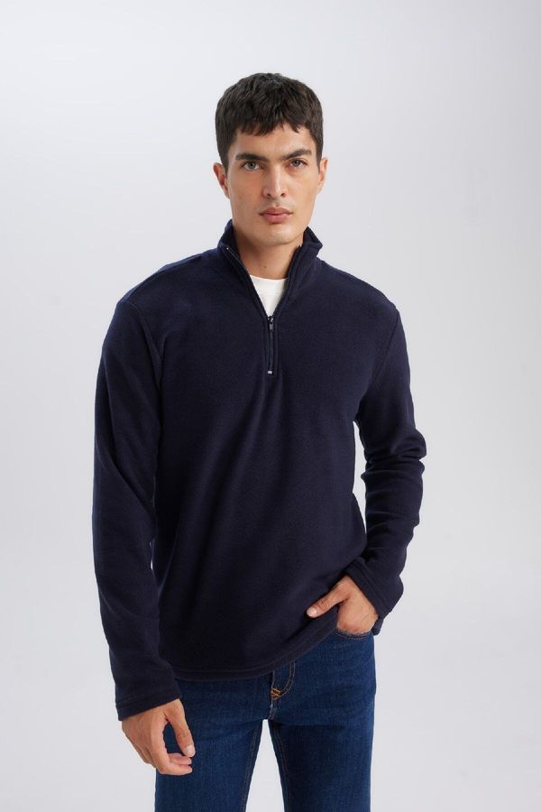 DEFACTO DEFACTO Men's Navy Blue Non-Pilling Cold-Proof Regular Fit Stand-up Collar Zippered Polar Fleece Sweatshirt Y39