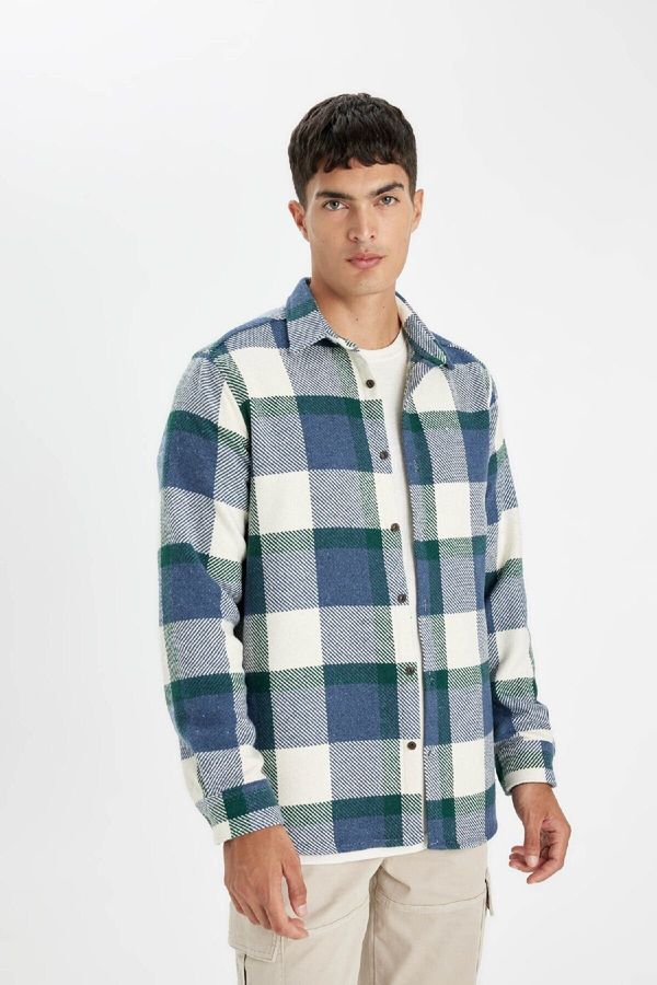 DEFACTO DEFACTO Men's Navy Blue Regular Fit Regular Cut Buttoned Checked Lumberjack Flannel Long Sleeve Shirt