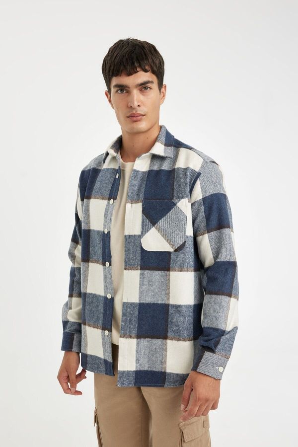 DEFACTO DEFACTO Men's Navy Blue Regular Fit Regular Cut Polo Collar Plaid Lumberjack Flannel Long Sleeve Shirt