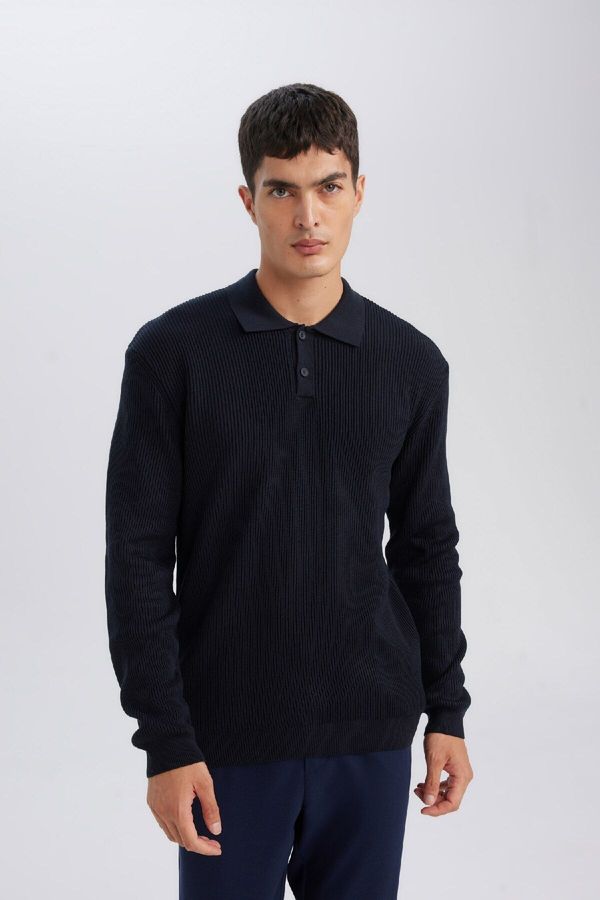 DEFACTO DEFACTO Men's Navy Blue Standard Fit Polo Collar Buttoned Knitwear Sweater