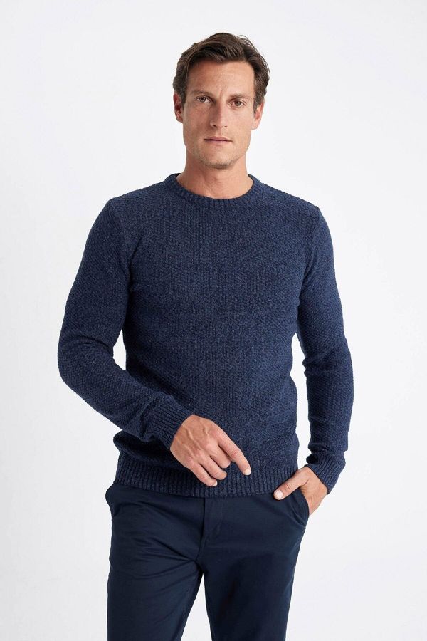 DEFACTO DEFACTO Men's Navy Blue Standard Fit Regular Cut Crew Neck Textured Basic Knitwear Sweater