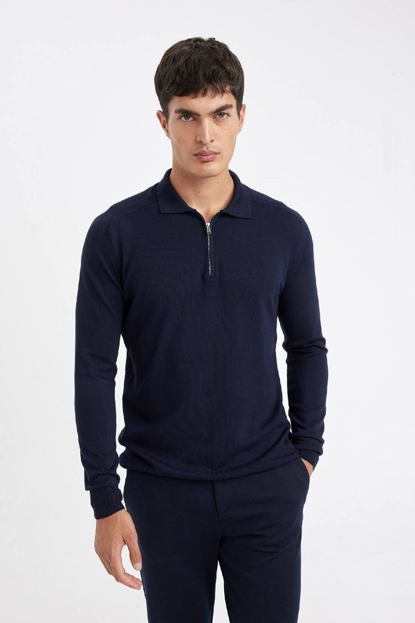 DEFACTO DEFACTO Men's Navy Blue Standard Fit Regular Cut Stand Collar Semi Zipper Knitwear Sweater