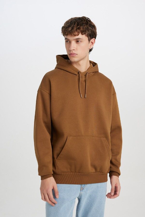 DEFACTO DEFACTO Men's Oversize Fit Wide Mold Hooded Kangaroo Pocket Basic Plain Sweatshirt