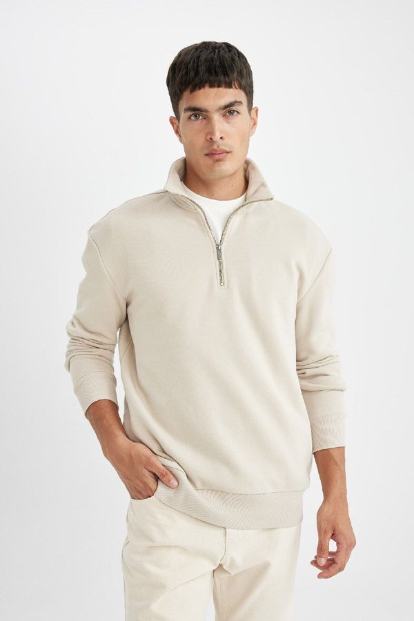 DEFACTO DEFACTO Men's Stone Color Comfort Fit Stand Collar Zippered Thick Basic Plain Sweatshirt