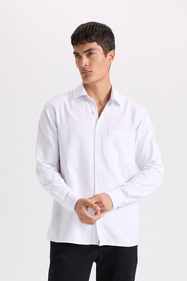 DEFACTO DEFACTO Men's White Regular Fit Regular Cut Cotton Basic Plain Long Sleeve Shirt