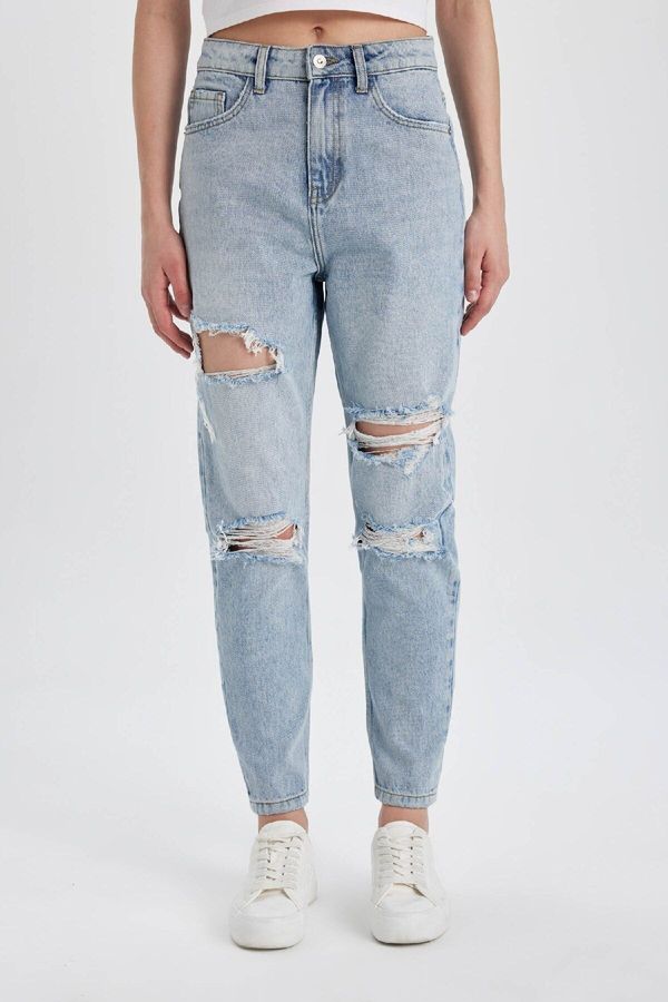 DEFACTO DEFACTO Mom Fit Ripped Detail High Waist Ankle Length Jean Washed Trousers