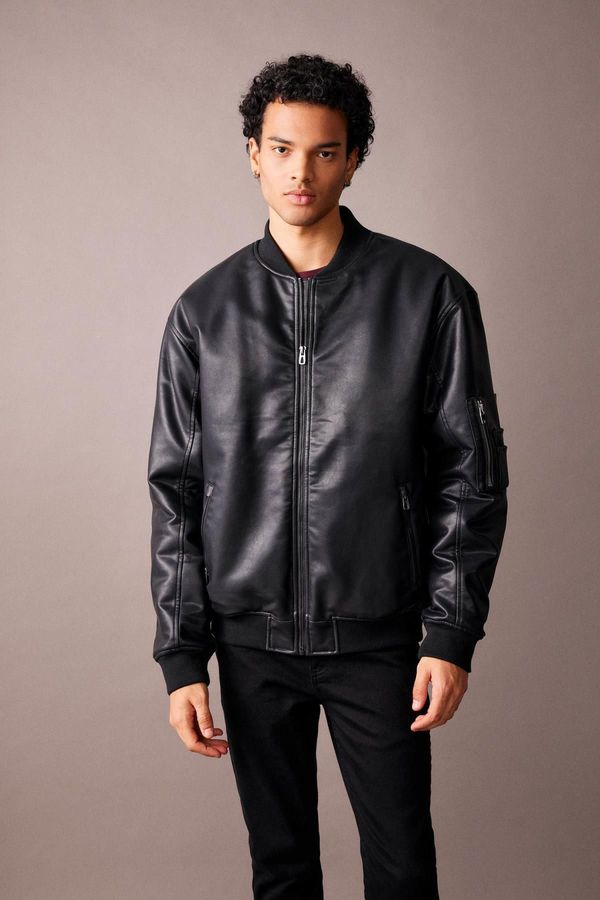 DEFACTO DEFACTO Oversize Fit College Collar Bomber Faux Leather Coat