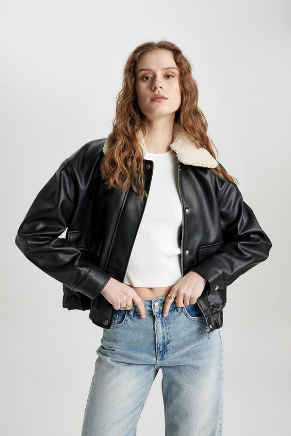 DEFACTO DEFACTO Oversize Fit Detachable Faux Für Collar Faux Leather Jacket Coat