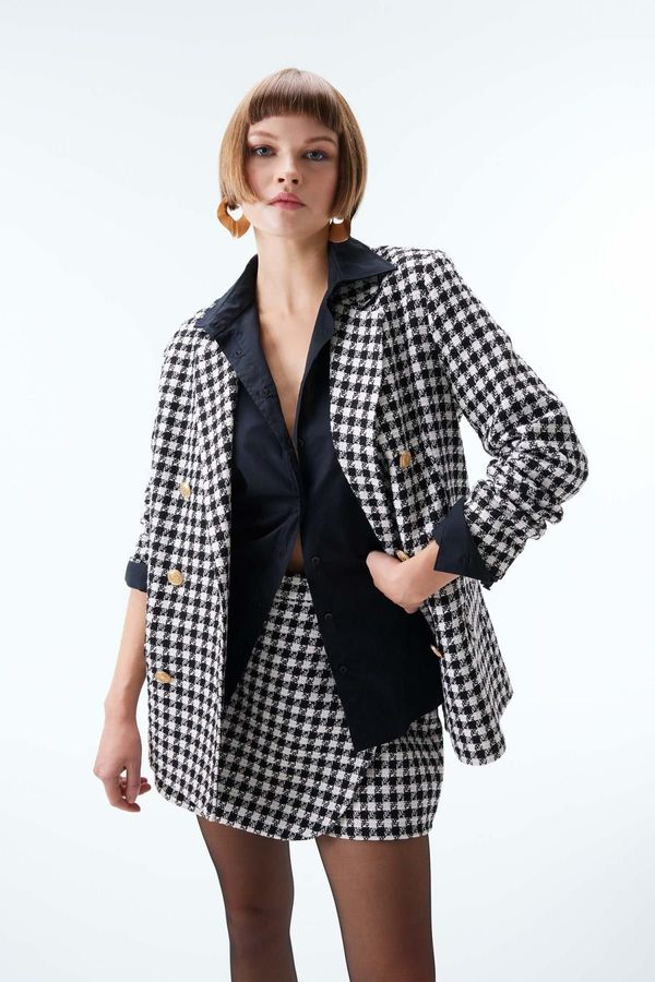 DEFACTO DEFACTO Oversize Fit Houndstooth Patterned Textured Tweed Blazer Jacket