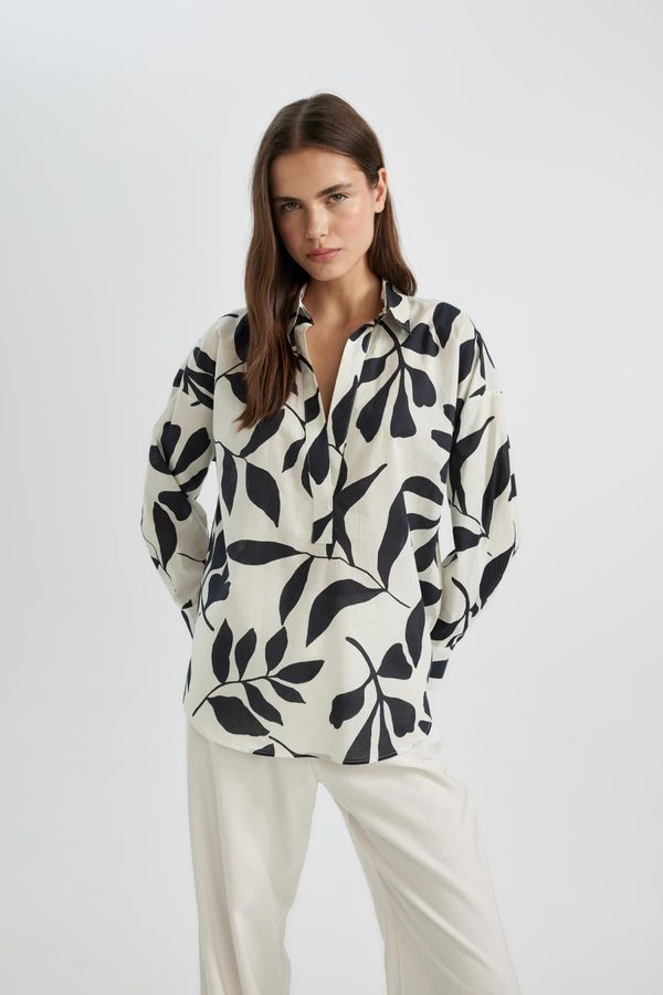 DEFACTO DEFACTO Oversize Fit Patterned Voile Long Sleeve Blouse