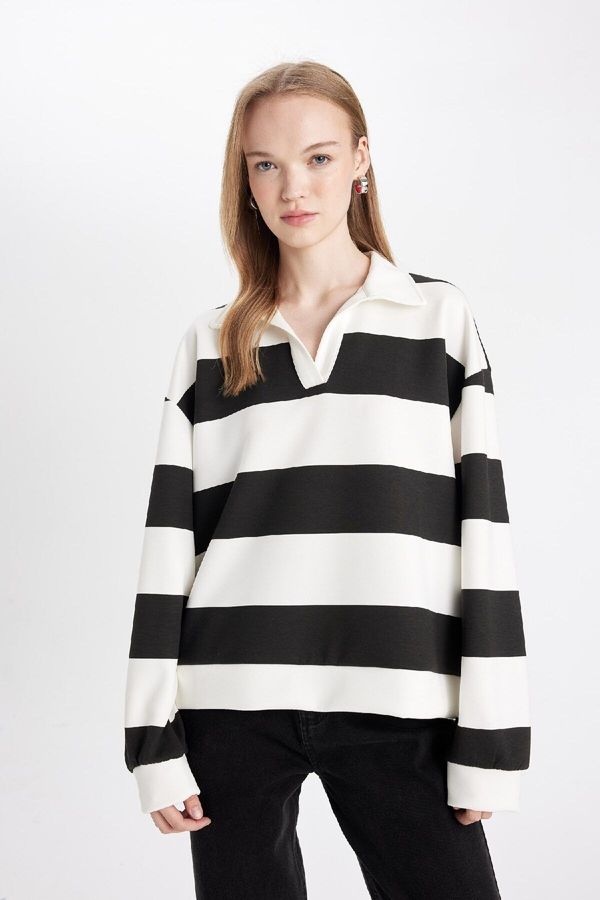 DEFACTO DEFACTO Oversize Fit Striped Polo Neck Thick Fabric Sweatshirt