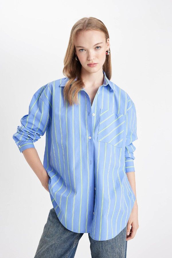 DEFACTO DEFACTO Oversize Fit Striped Poplin Long Sleeve Shirt