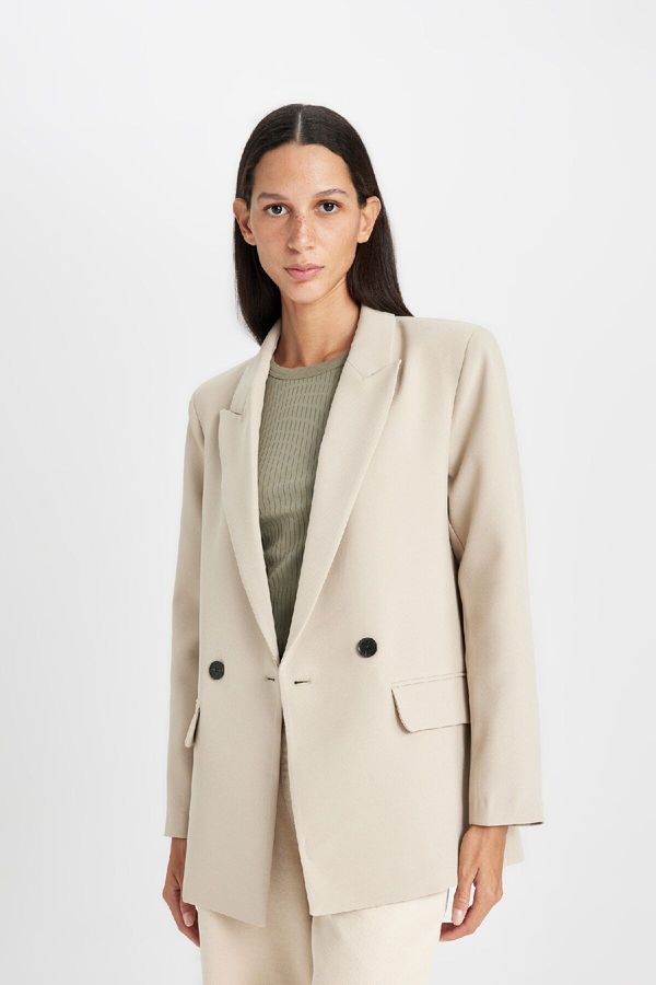 DEFACTO DEFACTO Oversize Fit Wide Mold Jacket Collar Button Closure Basic Plain Blazer Jacket C2457ax24au