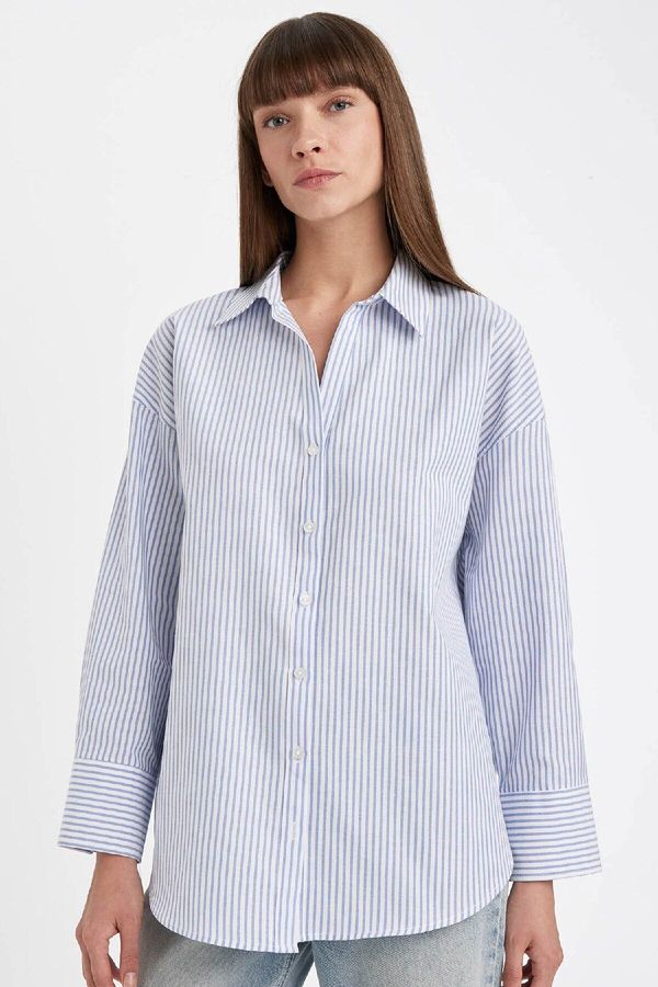 DEFACTO DEFACTO Oversize Shirt Collar Striped Oxford Long Sleeve Shirt