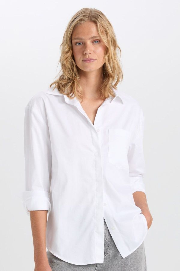 DEFACTO DEFACTO Oversize Wide Fit Pocket Basic Plain Poplin Long Sleeve White Shirt