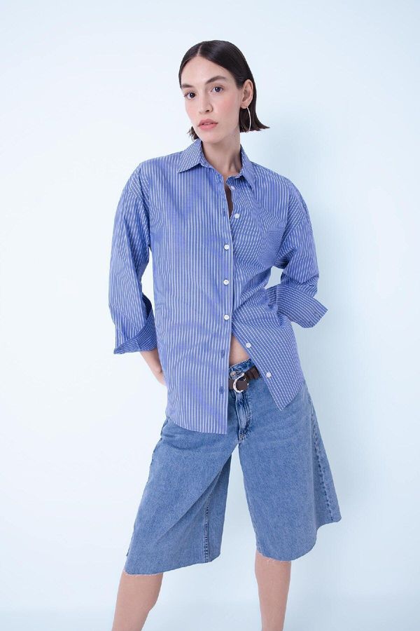 DEFACTO DEFACTO Oversize Wide Fit Striped Poplin Long Sleeve Shirt