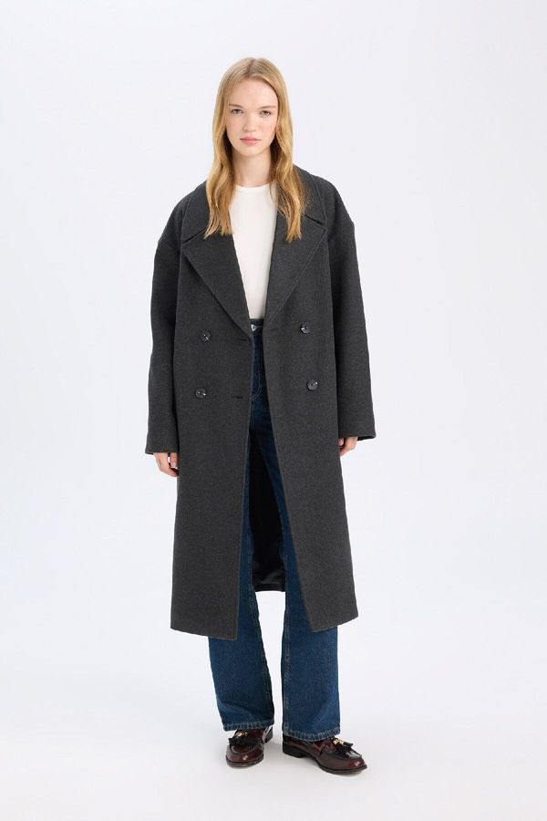 DEFACTO DEFACTO Oversize Wide Mold Jacket Collar Buttoned Long Cashmere Coat