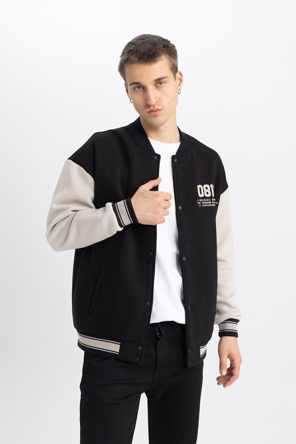 DEFACTO DEFACTO Oversize Wide Pattern College Collar Printed Snap Closure Pocket Soft Furry Bomber Cardigan